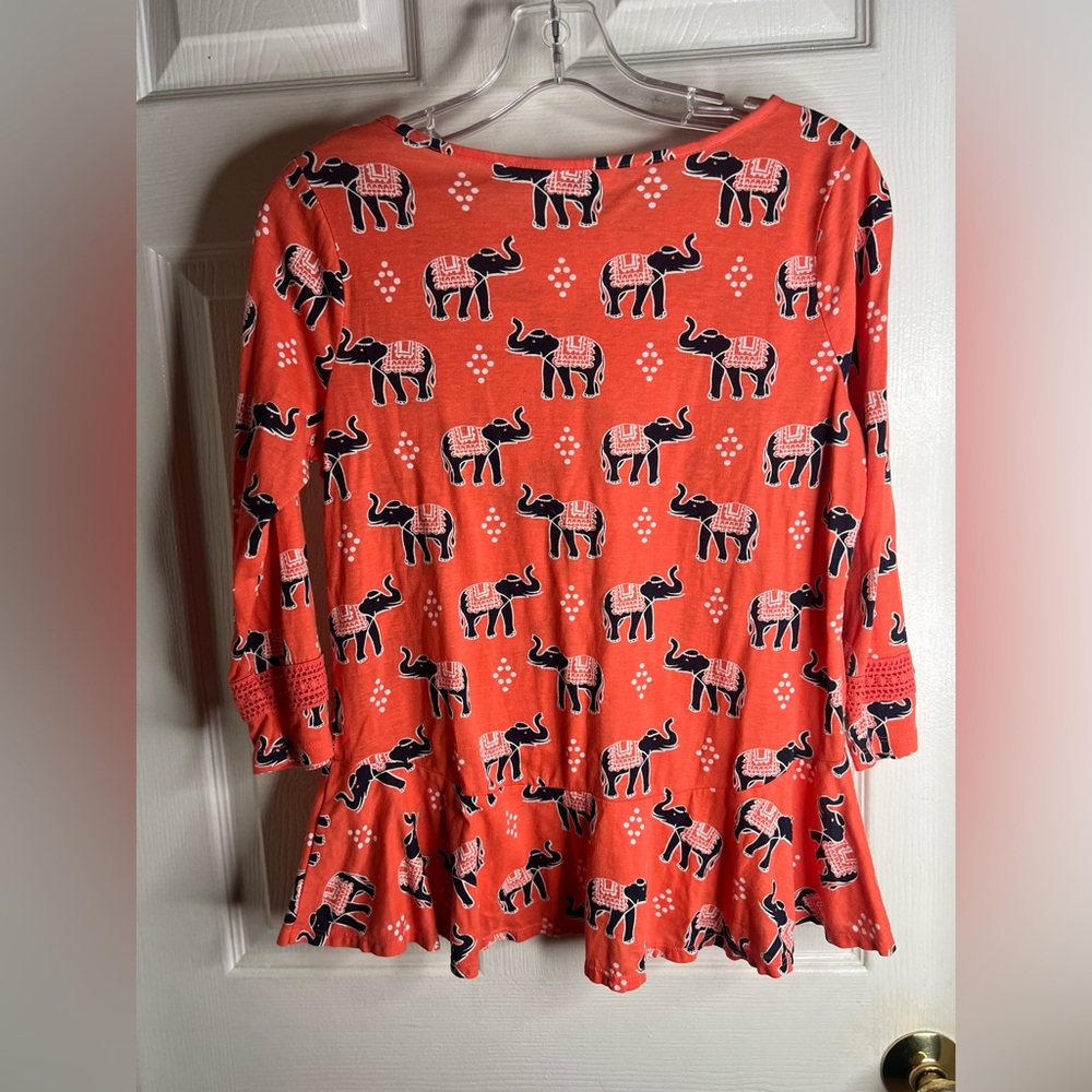 crown and ivy Women’s Peplum Hem Orange Elephant Boho Shirt Petite Medium - Picture 5 of 7